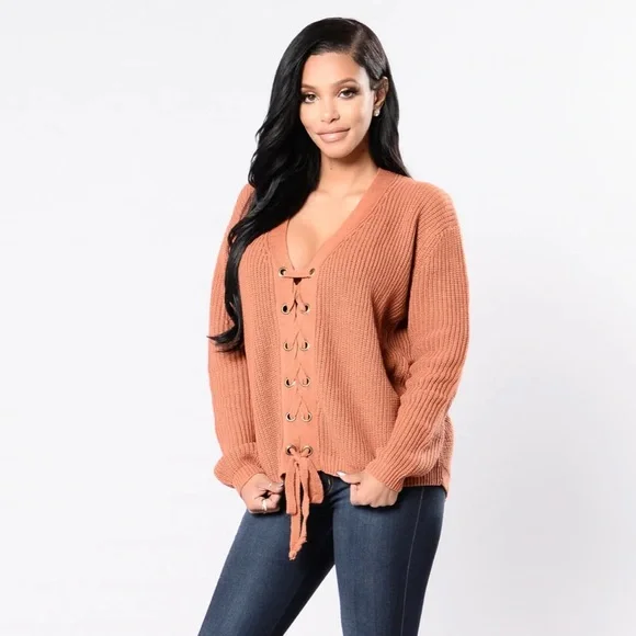 Long Sleeve Lace Up Tie Sweater - Picture 2 of 8